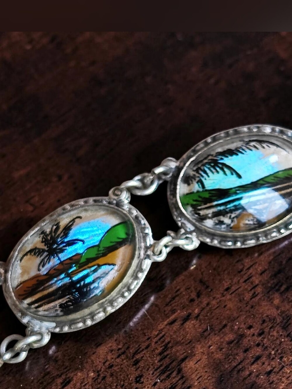 Antique Sterling Silver Brazilian Made Genuine Morfo Butterfly Scene Bracelet